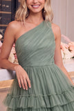 One Shoulder Yellow Tulle A-Line Tiered Mini Homecoming Dress with Ruffles