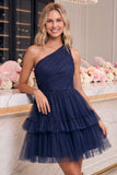 One Shoulder Yellow Tulle A-Line Tiered Mini Homecoming Dress with Ruffles