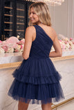 One Shoulder Yellow Tulle A-Line Tiered Mini Homecoming Dress with Ruffles