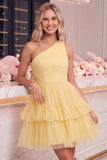One Shoulder Yellow Tulle A-Line Tiered Mini Homecoming Dress with Ruffles