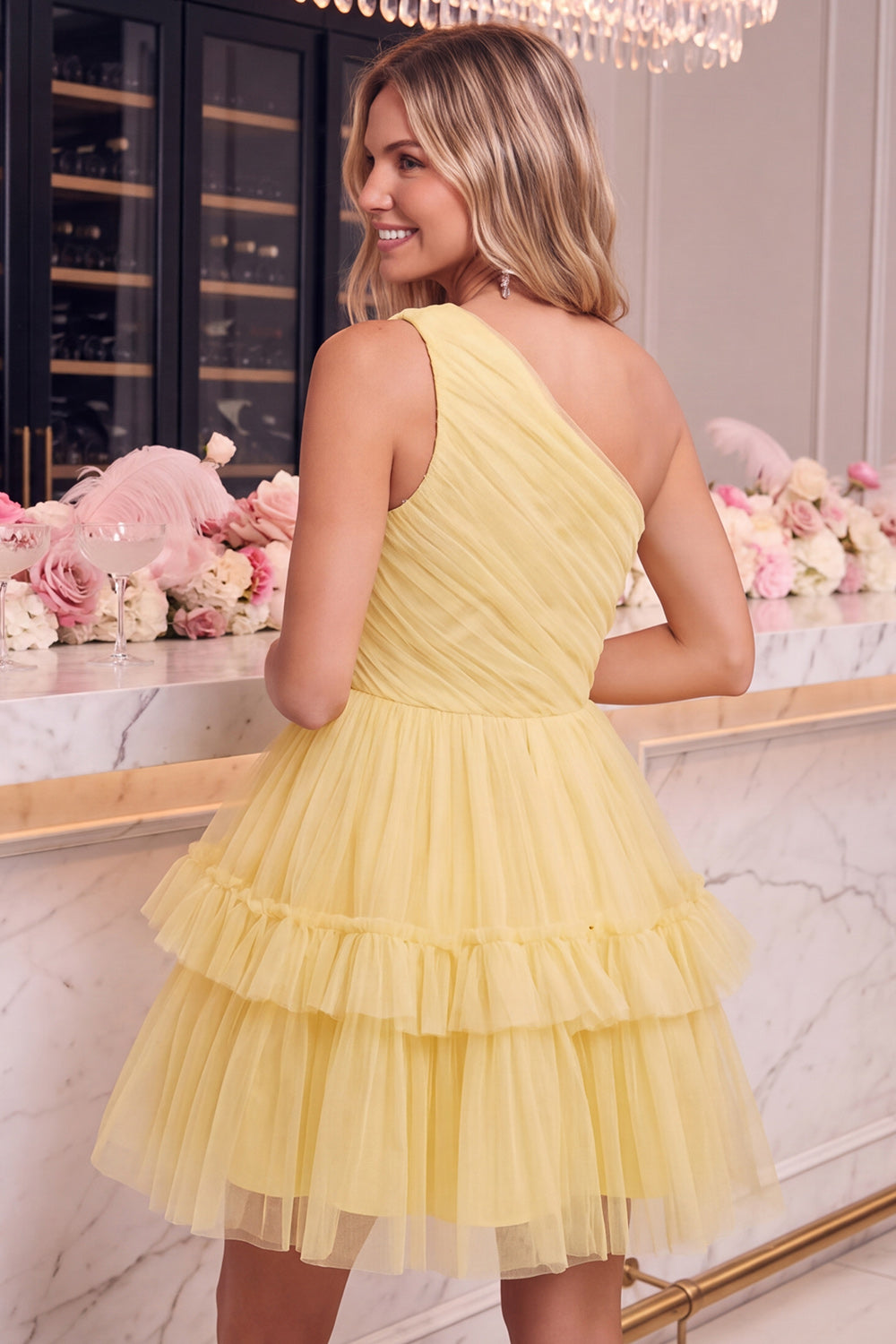 Zapaka Women One Shoulder Yellow Tulle Homecoming Dress with Ruffles A-Line Tiered Mini Cocktail Dress – ZAPAKA