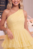 One Shoulder Yellow Tulle A-Line Tiered Mini Homecoming Dress with Ruffles