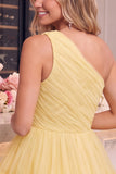One Shoulder Yellow Tulle A-Line Tiered Mini Homecoming Dress with Ruffles