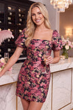 Black Red Flower Bodycon Square Neck Short Homecoming Dress