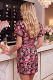 Black Red Flower Bodycon Square Neck Short Homecoming Dress