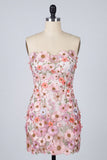 Floral Pink Appliqued Strapless Bodycon Mini Homecoming Dress