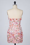 Floral Pink Appliqued Strapless Bodycon Mini Homecoming Dress
