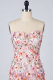 Floral Pink Appliqued Strapless Bodycon Mini Homecoming Dress