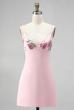 Pink Bodycon Floral Embroidered V-Neck Short Homecoming Dress