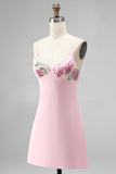 Pink Bodycon Floral Embroidered V-Neck Short Homecoming Dress