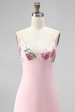 Pink Bodycon Floral Embroidered V-Neck Short Homecoming Dress