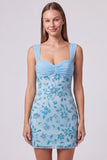 Sky Blue Beaded Ruched Floral Bodycon Short Homecoming Dress with Sequins