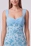 Sky Blue Beaded Ruched Floral Bodycon Short Homecoming Dress with Sequins