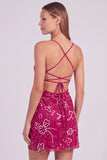 Pink Floral Bodycon Sequins Beaded Short Homecoming Dress with Lace Up Back