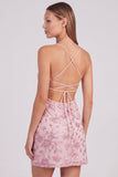 Pink Floral Bodycon Sequins Beaded Short Homecoming Dress with Lace Up Back