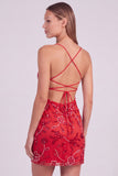 Pink Floral Bodycon Sequins Beaded Short Homecoming Dress with Lace Up Back