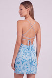 Pink Floral Bodycon Sequins Beaded Short Homecoming Dress with Lace Up Back