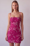 Fuchsia Spaghetti Straps Floral Bodycon Beaded Short Homecoming Dress