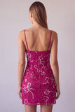 Fuchsia Spaghetti Straps Floral Bodycon Beaded Short Homecoming Dress