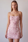 Fuchsia Spaghetti Straps Floral Bodycon Beaded Short Homecoming Dress