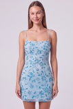 Fuchsia Spaghetti Straps Floral Bodycon Beaded Short Homecoming Dress