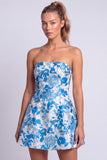 Floral Light Blue Printed A-Line Strapless Short Homecoming Dress