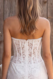 Ivory Corset Bodycon Strapless Lace Pearls Short Bridal Shower Dress with Bow