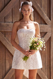 Ivory Lace Strapless A-Line Pearls Short Bridal Shower Dress with Bow