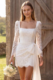 Ivory Ruched Bodycon Square Neck Lace Long Sleeves Short Bridal Shower Dress with Bow