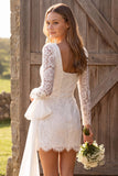 Ivory Ruched Bodycon Square Neck Lace Long Sleeves Short Bridal Shower Dress with Bow
