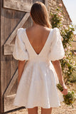 Ivory A-Line V-Neck Jacquard Puff Sleeves Short Bridal Shower Dress