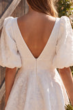 Ivory A-Line V-Neck Jacquard Puff Sleeves Short Bridal Shower Dress