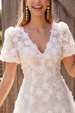 Ivory V-Neck Floral A-Line Appliqued Short Bridal Shower Dress