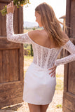 Off the Shoulder Ivory Bodycon Corset Ruched Lace Pearls Short Bridal Shower Dress