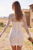 Ivory Bodycon Illusion Neck Long Sleeves Lace Short Bridal Shower Dress