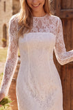 Ivory Bodycon Illusion Neck Long Sleeves Lace Short Bridal Shower Dress