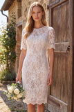 Ivory Sheath Bateau Neck Lace Short Bridal Shower Dress