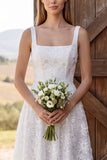 Ivory Floral A-Line Square Neck Appliqued Midi Bridal Shower Dress