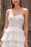 Ivory Tiered Ruffled A-Line Strapless Long Bridal Shower Dress with Lace