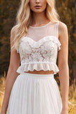 Ivory Two Piece A-Line Illusion Neck Ruffled Long Bridal Shower Dress with Side Slit