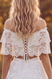 Ivory Two Piece Off the Shoulder A-Line Tiered Ruffled Long Bridal Shower Dress