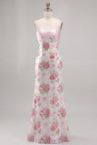 Pink Strapless Sequins Satin Sheath Floral Long Prom Dress with Back Bow