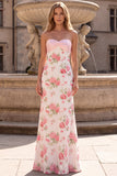 Pink Strapless Sequins Satin Sheath Floral Long Prom Dress with Back Bow