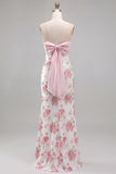 Pink Strapless Sequins Satin Sheath Floral Long Prom Dress with Back Bow