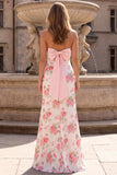 Pink Strapless Sequins Satin Sheath Floral Long Prom Dress with Back Bow