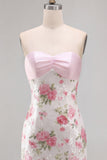 Pink Strapless Sequins Satin Sheath Floral Long Prom Dress with Back Bow