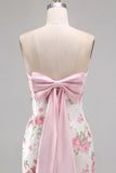 Pink Strapless Sequins Satin Sheath Floral Long Prom Dress with Back Bow