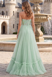 Sage Green Strapless Sequins A-Line Tulle High Low Hem Long Prom Dress
