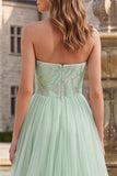 Sage Green Strapless Sequins A-Line Tulle High Low Hem Long Prom Dress