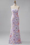 Lilac Mermaid Floral Spaghetti Straps Long Prom Dress with Sequins